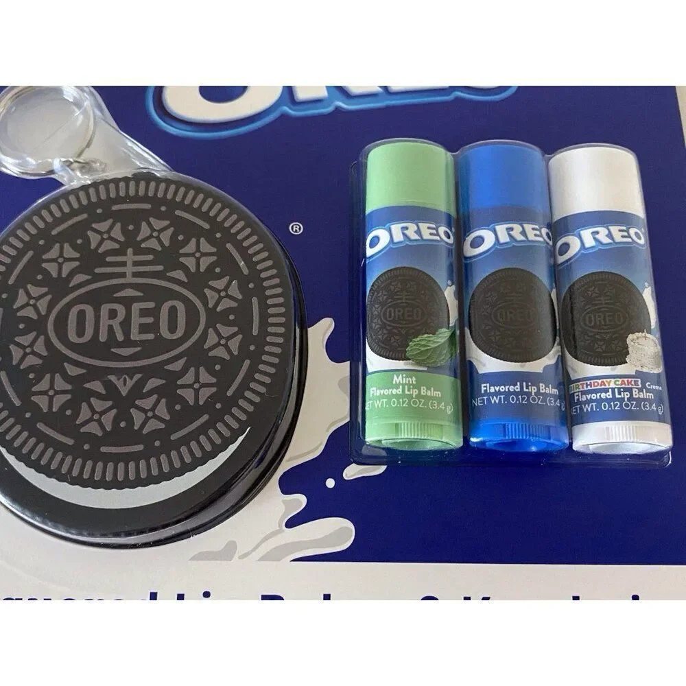 Oreo Flavored Set Of 3 Lip Balms W/Key Chain Lip Balm Holder‎ Mint Birthday Cake